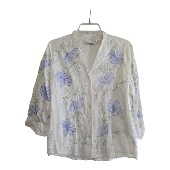 Alfred Dunner Cotton Embroidered Button Down Top 12 White Blue/Green Embroidery - Picture 1 of 5